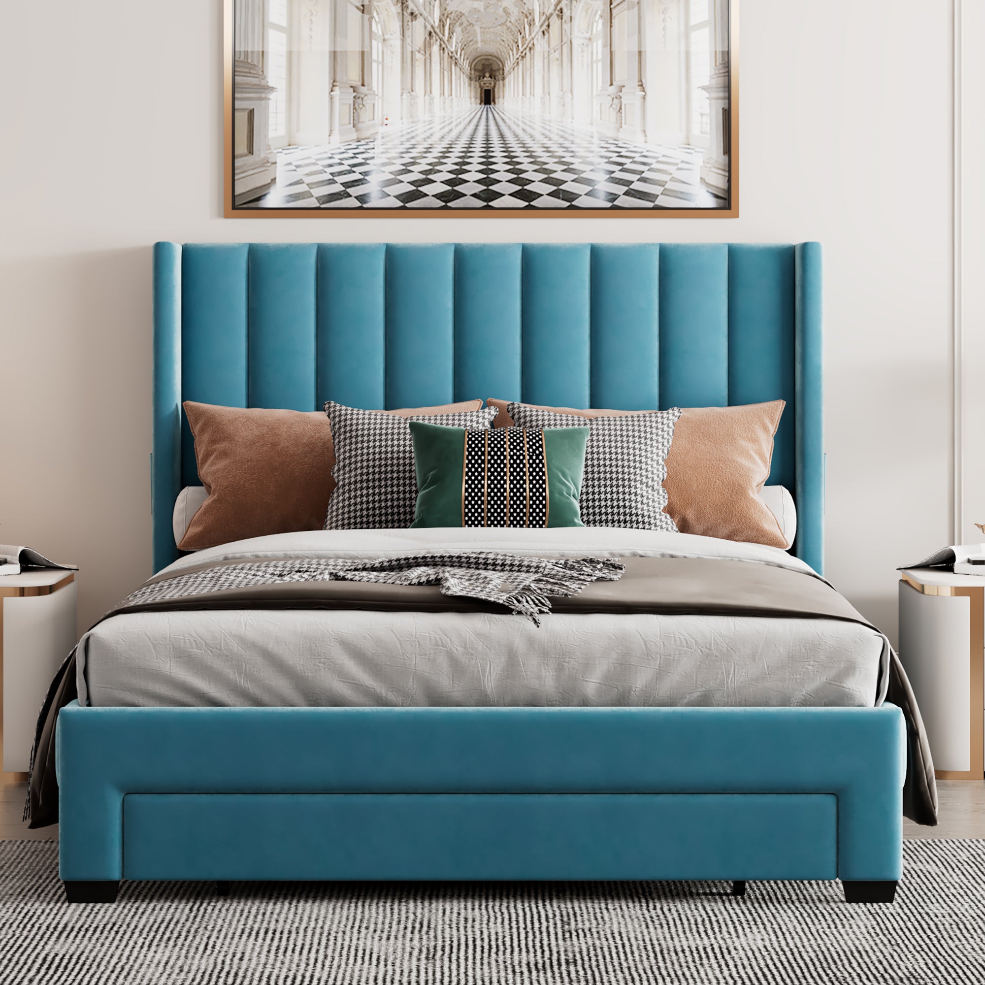 Queen Size Storage Bed Velvet Upholstered Platform Bed with a Big Drawer - Blue - Atlantic Fine Furniture Melbourne FL