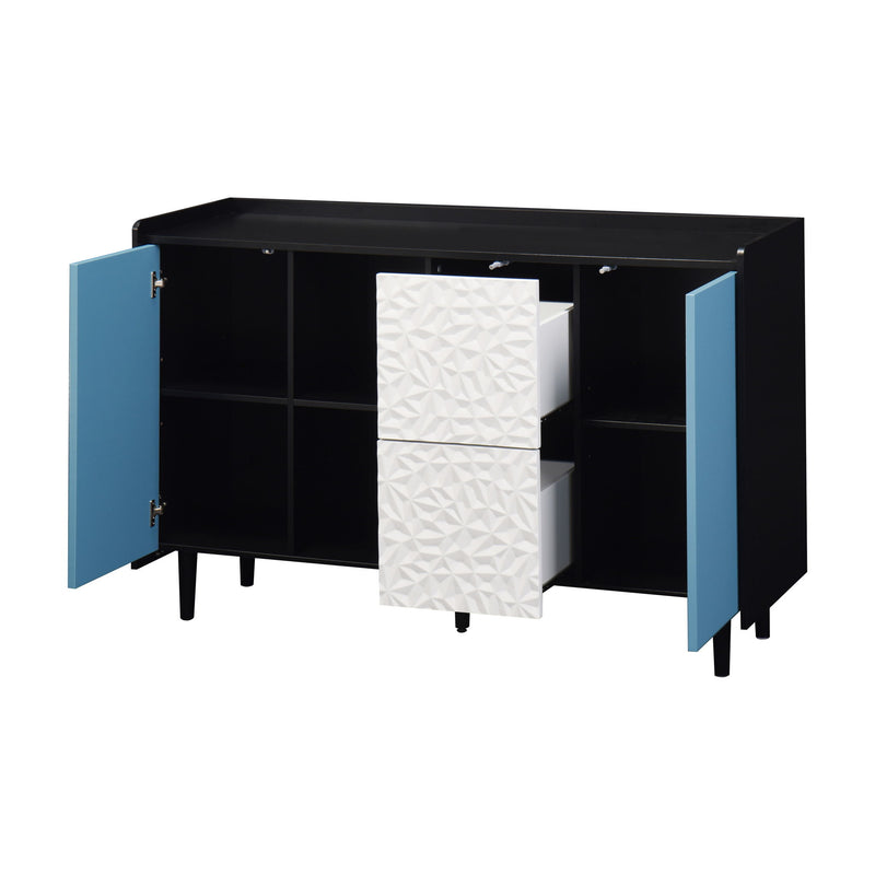 Modern Sideboard Buffet Cabinet With Red Doors And Unique Panel Styling