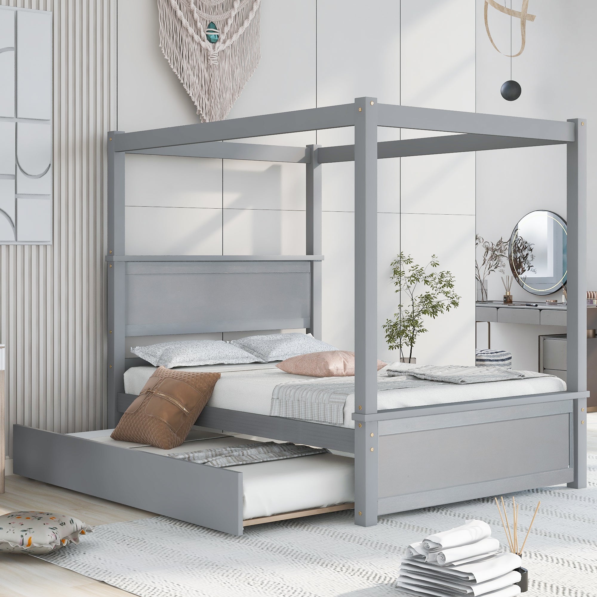 Wood Canopy Bed with Trundle Bed ,Full Size Canopy Platform bed With  Support Slats .No Box Spring Needed, Brushed Gray - Atlantic Fine Furniture Melbourne FL