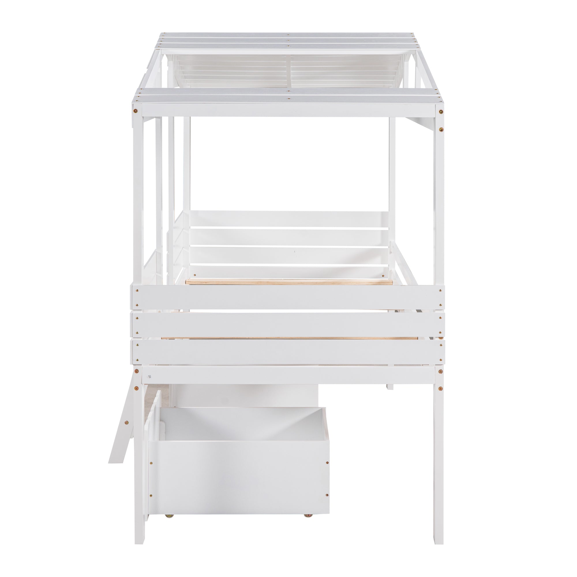 Twin Size Low Loft Wood House Bed with Two Drawers, White - Atlantic Fine Furniture Melbourne FL