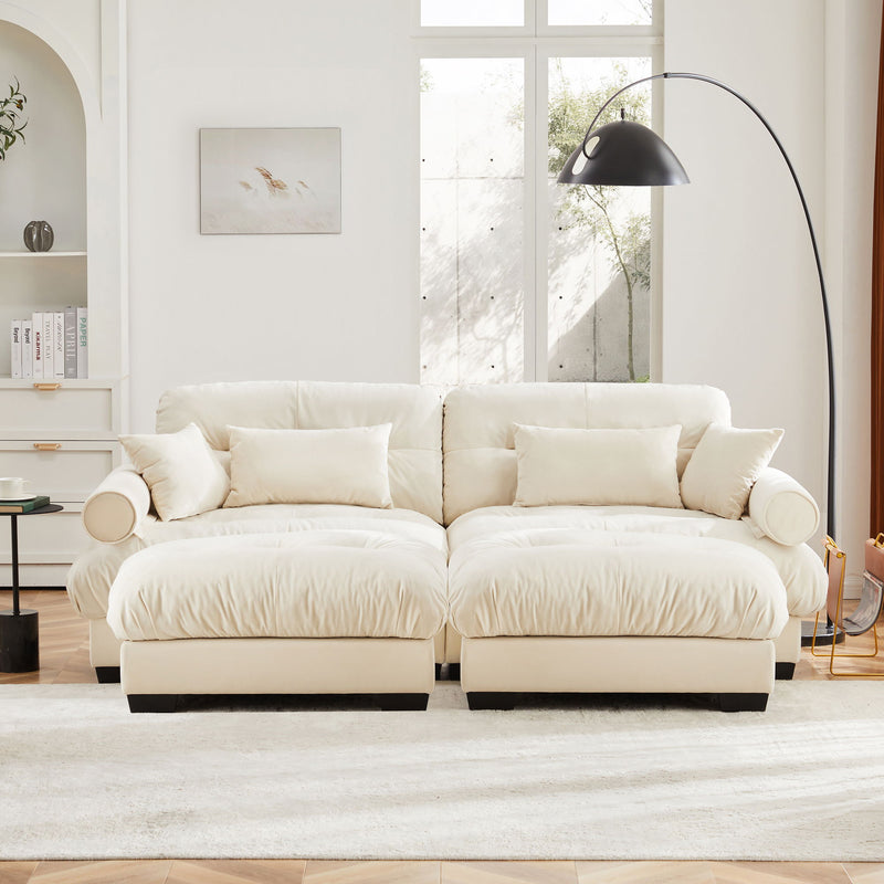Modern Sectional Sofa With Ottoman, Round Bolster Armrests, Waist And Throw Pillows