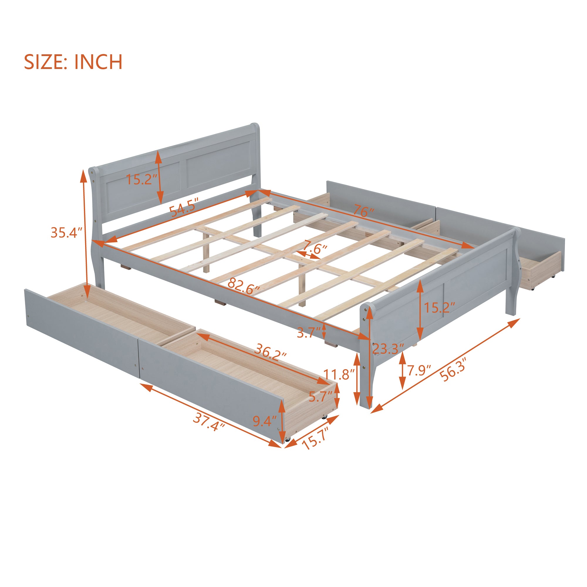 Full Size Wood Platform Bed with 4 Drawers and Streamlined Headboard & Footboard, Gray - Atlantic Fine Furniture Melbourne FL