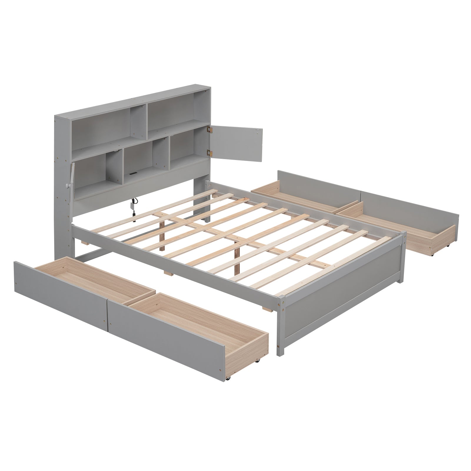 Full Size Platform Bed with Storage Headboard, Charging Station and 4 Drawers, Gray - Atlantic Fine Furniture Melbourne FL
