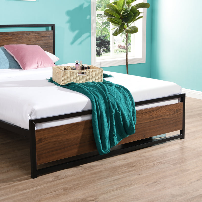 Industrial Platform Queen Bed Frame/Mattress Foundation with Rustic Headboard and Footboard, Strong Steel Slat Support, No Box Spring Needed, Noise Free, Easy Assembly