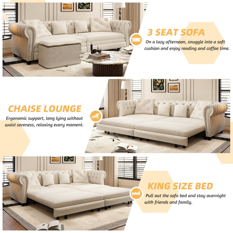 3 In 1 Pull Out Sofa Bed With Movable Ottoman