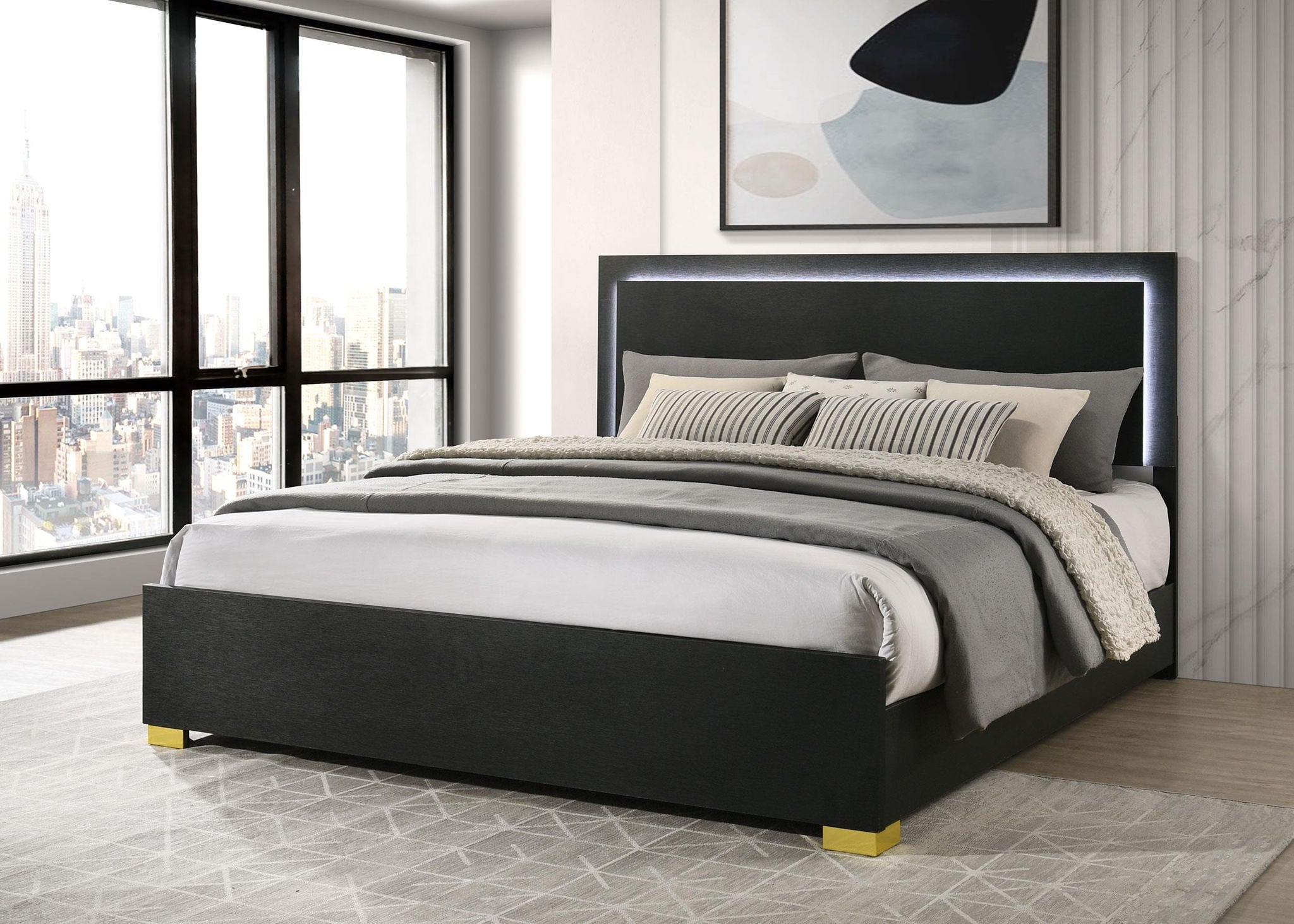 Marceline Wood Eastern King LED Panel Bed Black