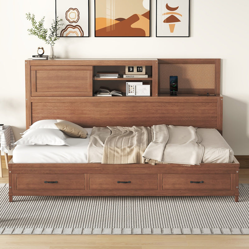 Full Size Wooden Daybed with 3 Storage Drawers, Upper Soft Board, shelf, and a set of Sockets and USB Ports, Brown