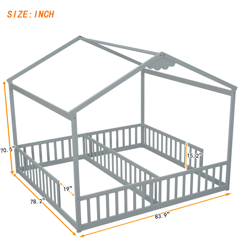 Double Twin House-Style Floor Bed with Fence, Guardrails, without door, Grey