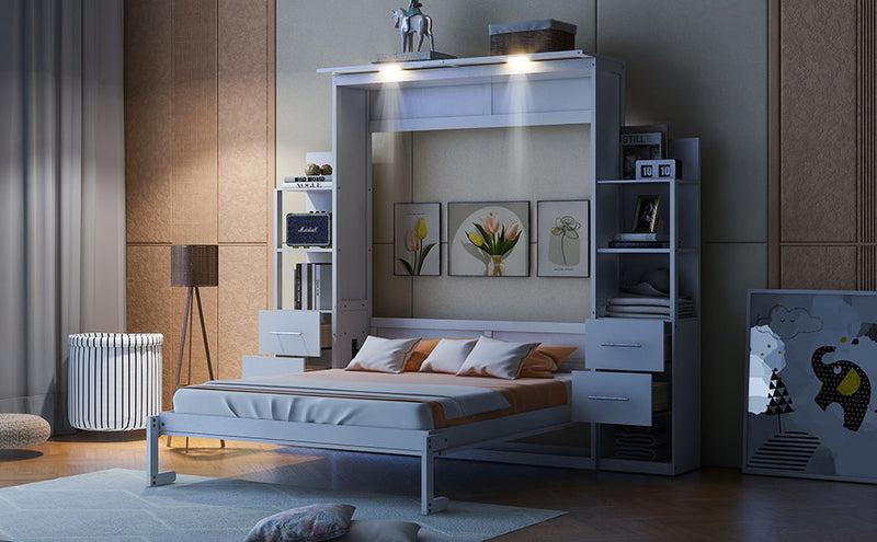 Murphy Wall Bed With Shelves, Drawers And LED Lights