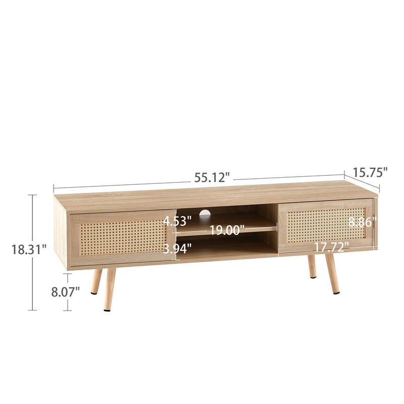 55.12" Rattan TV Cabinet, Double Sliding Doors For Storage, Adjustable Shelf, Solid Wood Legs, TV Console For Living Room