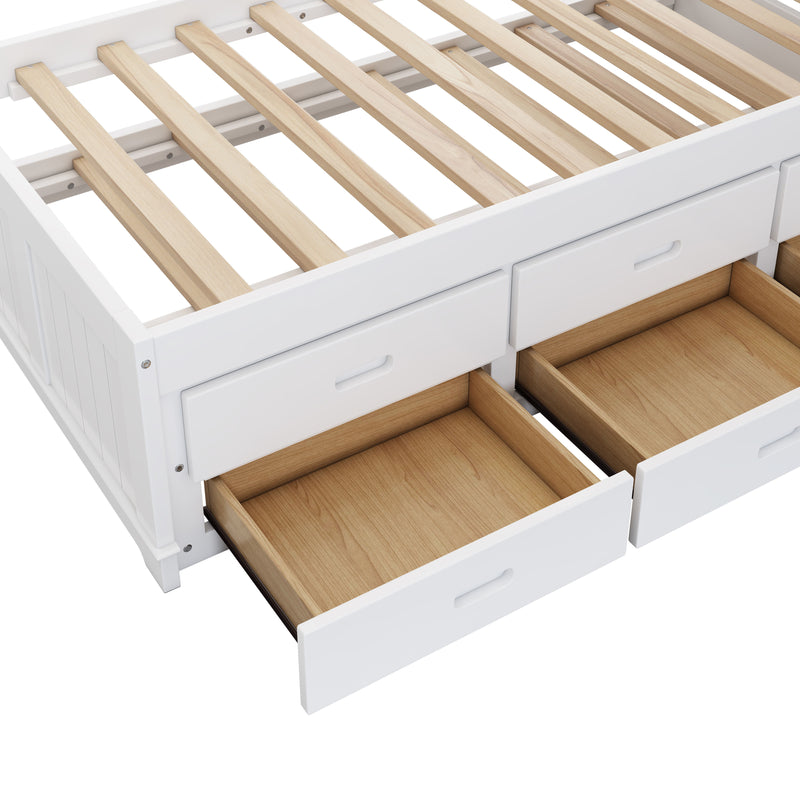 Full Solid Pine Captain Bookcase Bed With Trundle Bed And 3 Spacious Under Bed Drawers In Casual - White / Walnut