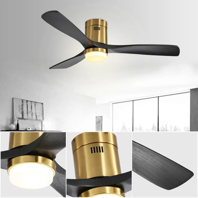 Flush Mount Ceiling Fan With 3 Solid Wood Blades Remote Control Reversible DC Motor For Living Room - Gold