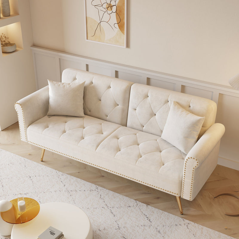 Luxurious Velvet Sofa Bed With Nail Head Trim And Matching Pillow