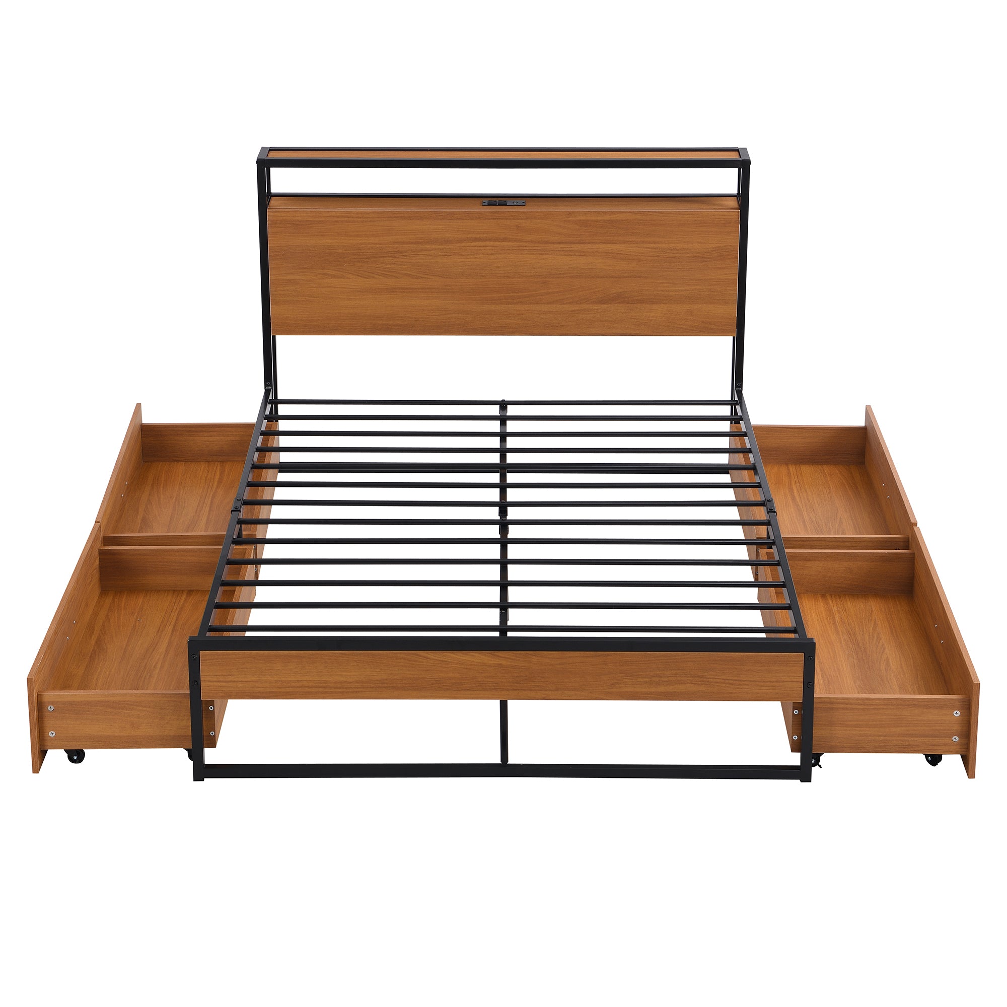 Full Size Metal Platform Bed Frame with  Four Drawers,Sockets and USB Ports ,Slat Support No Box Spring Needed Black - Atlantic Fine Furniture Melbourne FL
