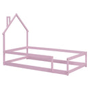 Twin Size Wood bed with House-shaped Headboard Floor bed with Fences,Pink