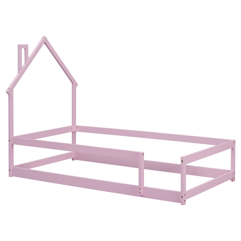 Twin Size Wood bed with House-shaped Headboard Floor bed with Fences,Pink