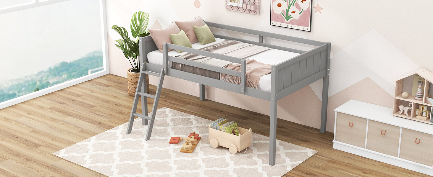 Twin Size Wood Loft Bed with Ladder, ladder can be placed on the left or right, Gray - Atlantic Fine Furniture Melbourne FL