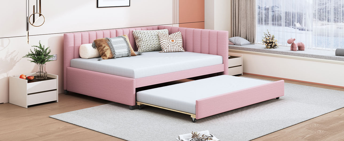 Full Size Upholstered Daybed with Trundle Sofa Bed Frame No Box Spring Needed, Linen Fabric(Pink) - Atlantic Fine Furniture Melbourne FL