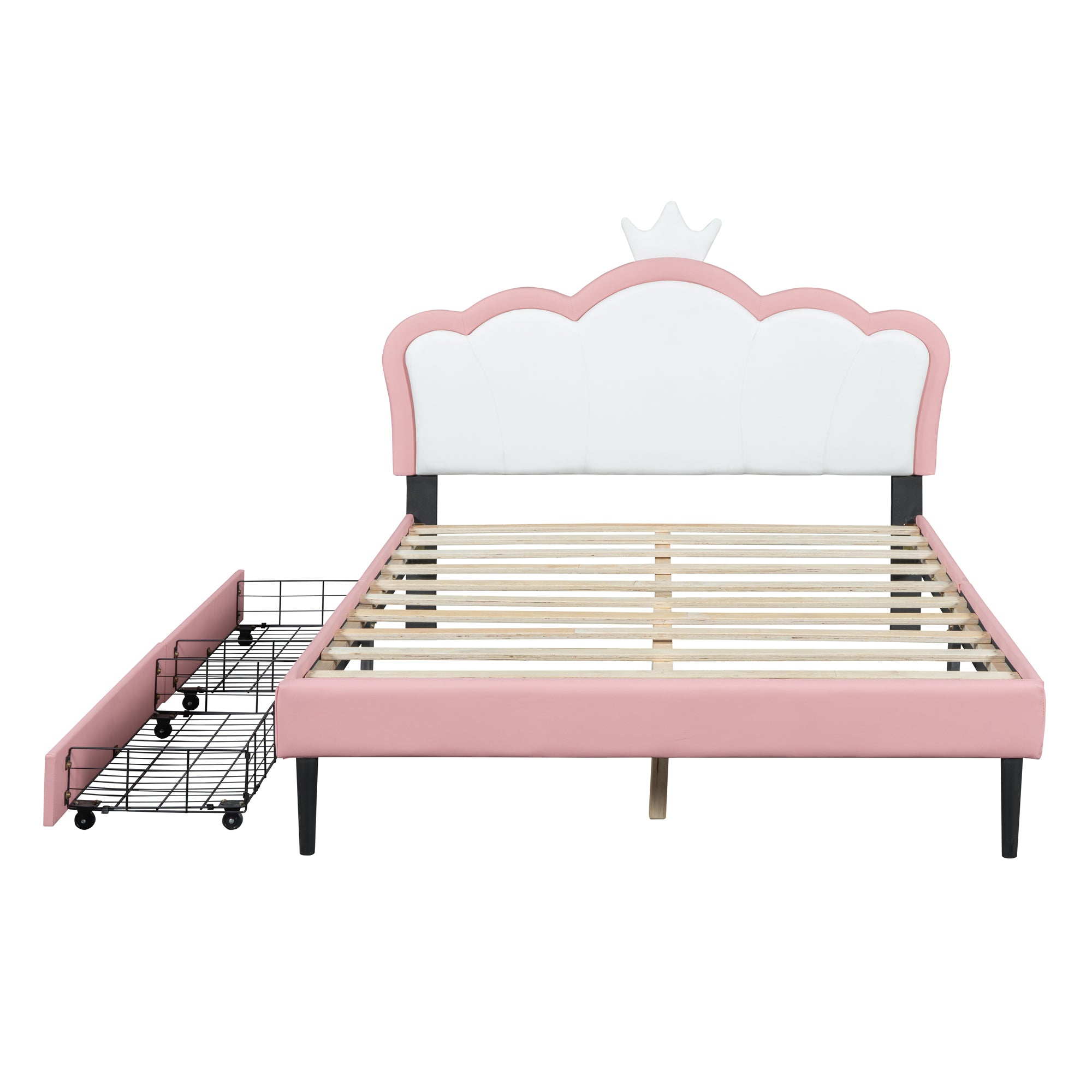Full Size Princess Bed With Crown Headboard and 2 Drawers, Full size Platform Bed with Headboard and Footboard,White+Pink