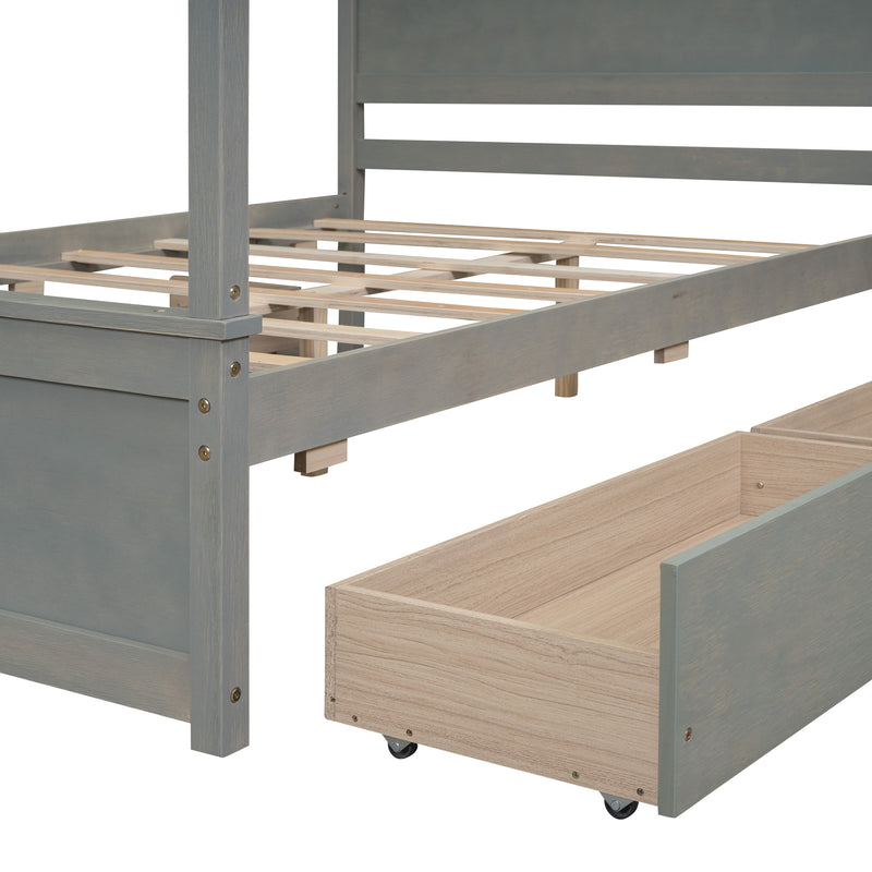 Wood Canopy Bed with four Drawers ,Full Size Canopy Platform Bed With Support Slats .No Box Spring Needed, Brushed Gray