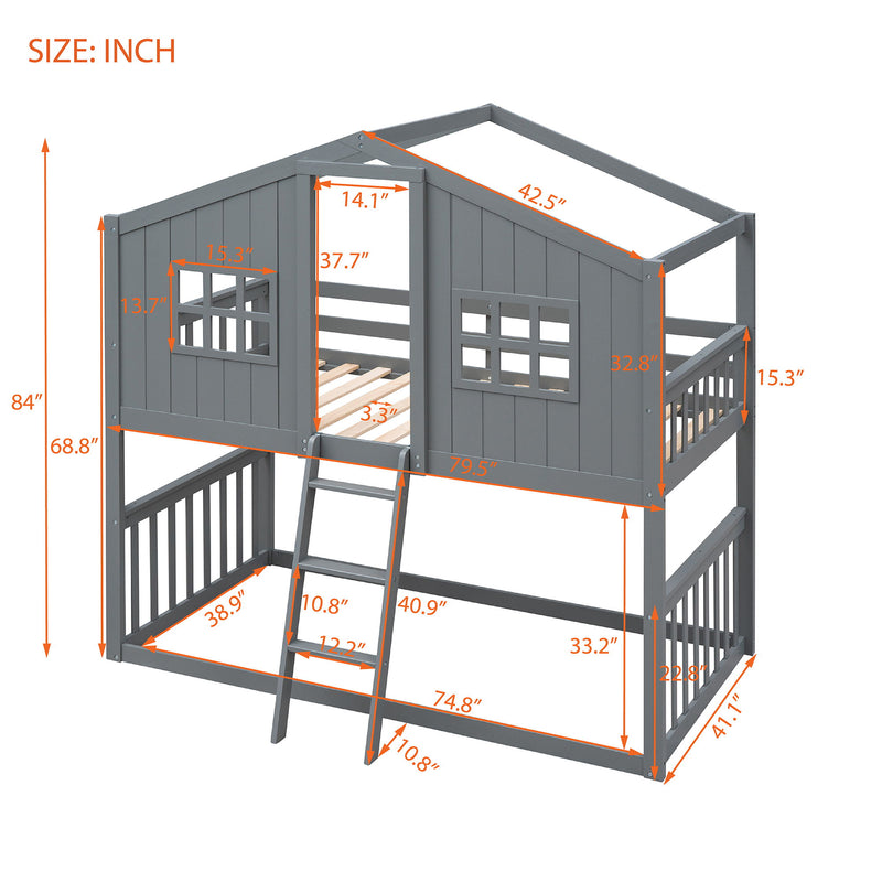 Twin Over Twin House Bunk Bed With Ladder, Wood Bed