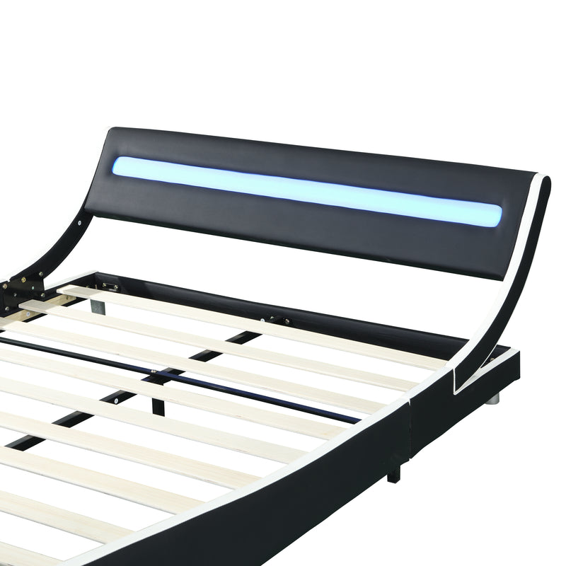 Faux Leather Upholstered Platform Bed Frame with led lighting , Curve Design, Wood Slat Support, No Box Spring Needed, Easy Assemble, Queen Size, Black and White