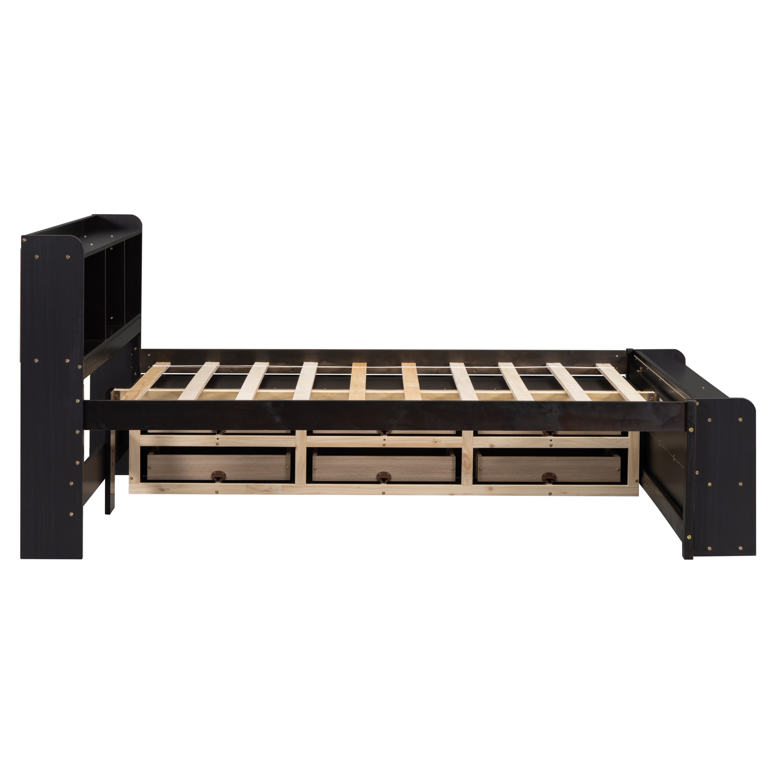 Full Bed with Bookcase Headboard, Under bed Storage Drawers and Bed End Storage Case,Espresso
