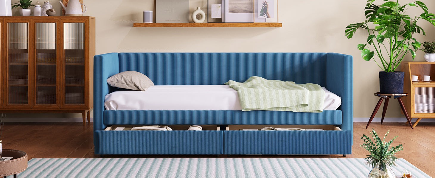 Twin Size Corduroy Daybed with Two Drawers and Wood Slat, Blue - Atlantic Fine Furniture Melbourne FL