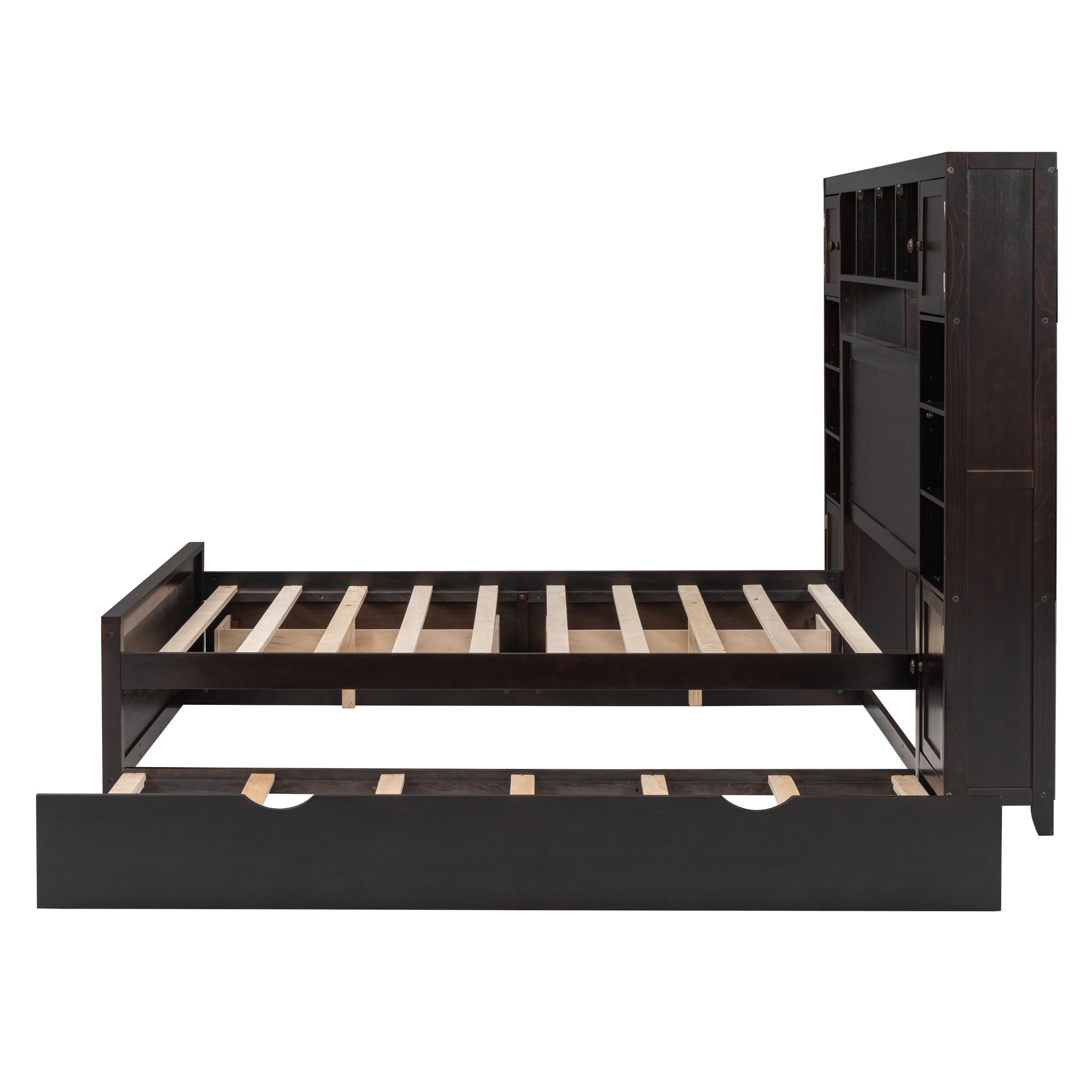 Full Size Wooden Bed With All-in-One Cabinet, Shelf and Sockets, Espresso - Atlantic Fine Furniture Melbourne FL