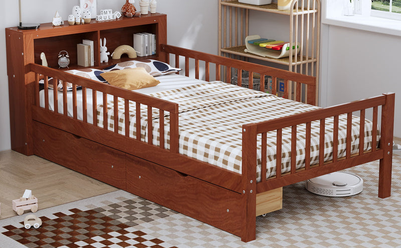 Bed With Headboard Storage Rack, 2 Under Bed Drawers, 3 Side Guardrails For Safety