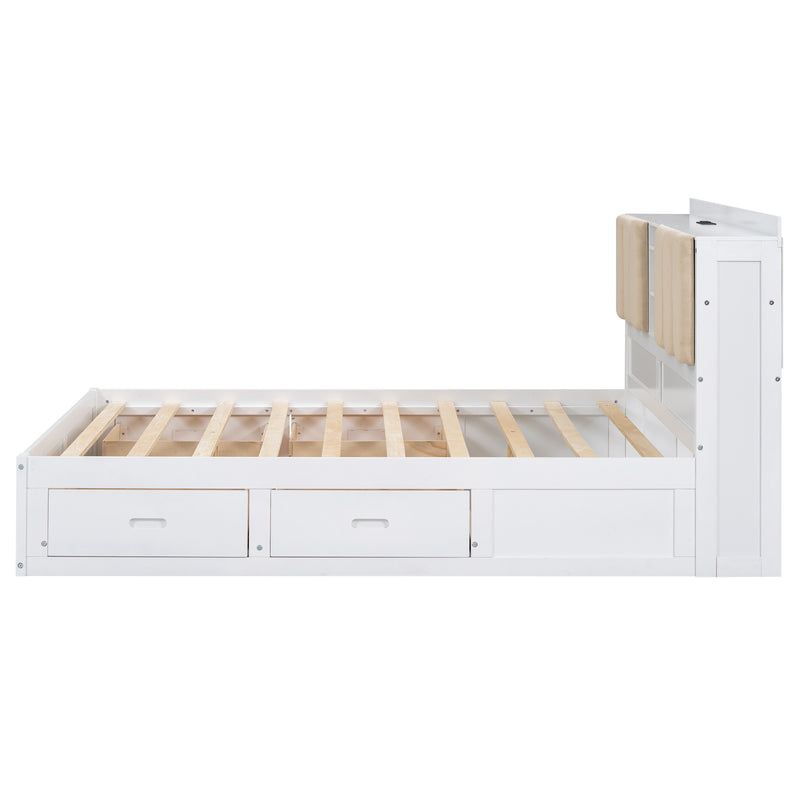 Wood Full Size Platform Bed with Storage Headboard and 4 Drawers, White