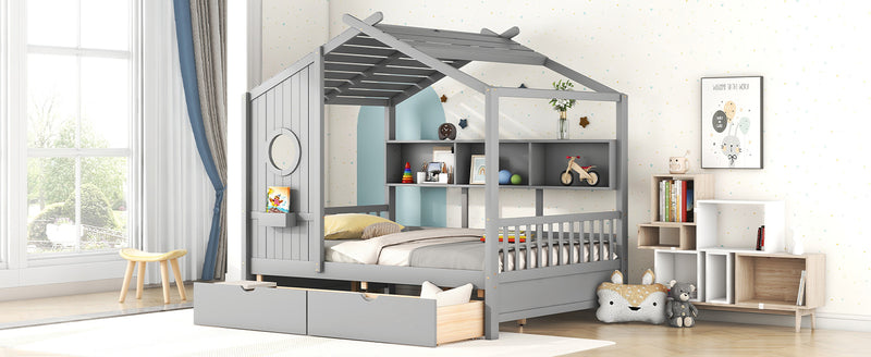 Wooden Full Size House Bed with 2 Drawers,Kids Bed with Storage Shelf, Gray