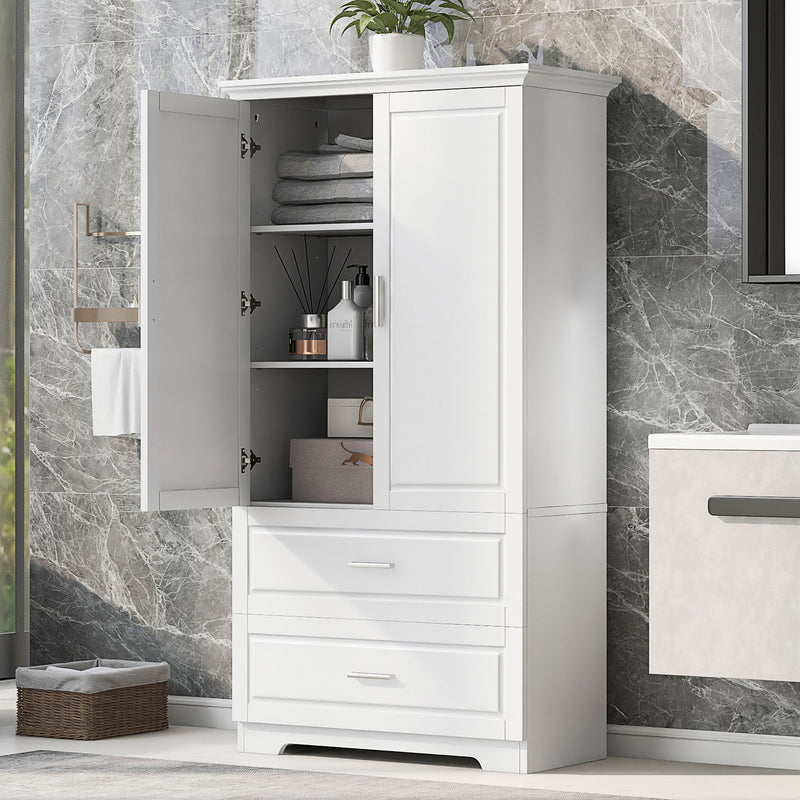 Tall Bathroom Storage Cabinet, Cabinet With Two Doors And Drawers, Adjustable Shelf, MDF Board - White