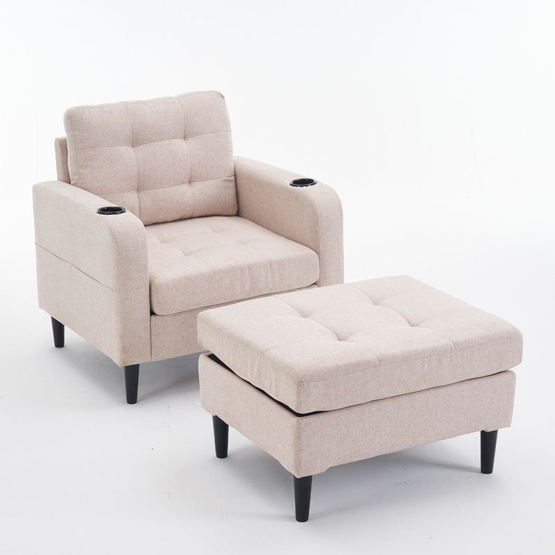 Beige Upholstered Armchair And Storage Ottoman Set, Comfortable Single Sofa With Cup Holders And Tufted Detailing, Ideal For Living Room Or Bedroom - Beige