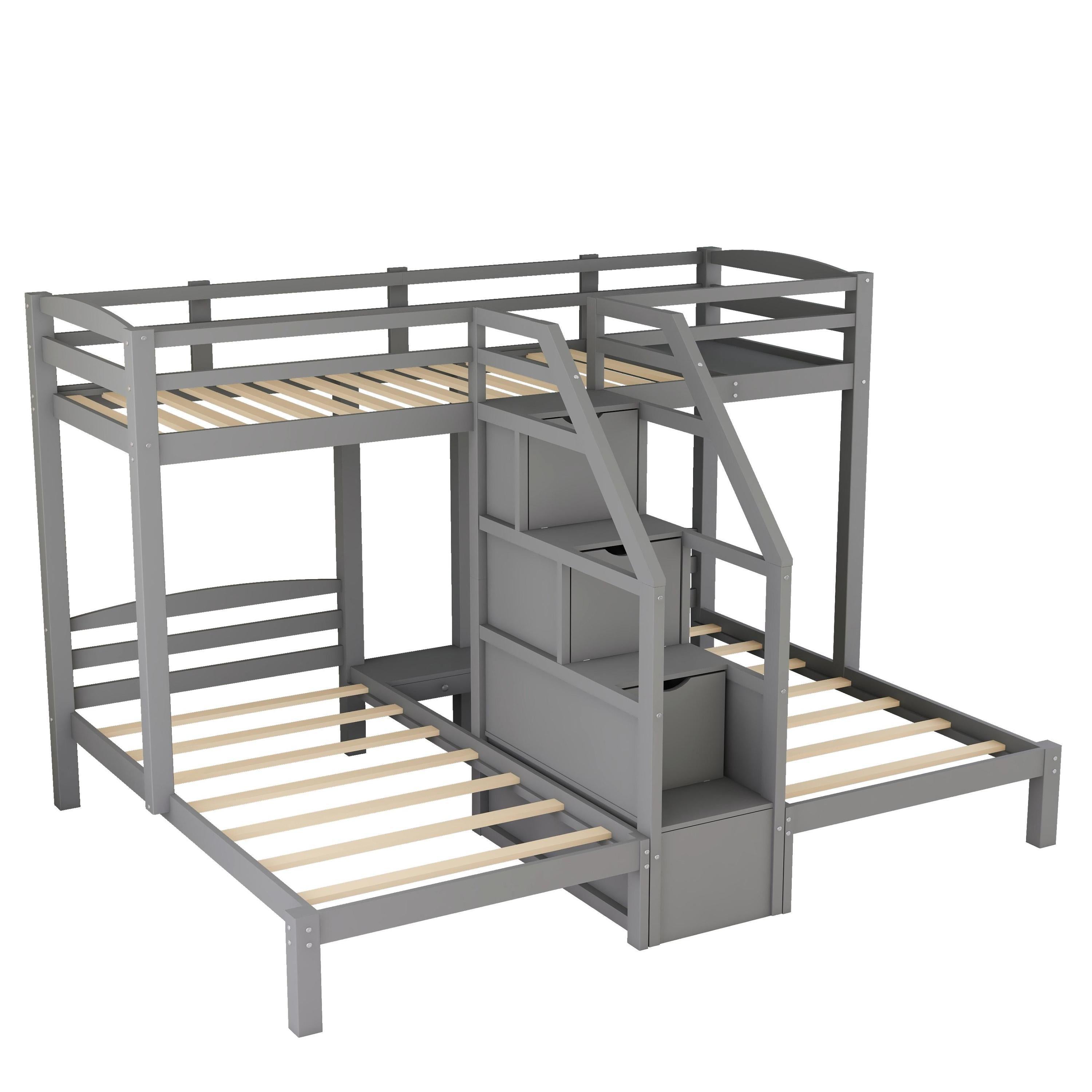 Twin over Twin & Twin Bunk Bed with Built-in Staircase and Storage Drawer,Gray - Atlantic Fine Furniture Melbourne FL