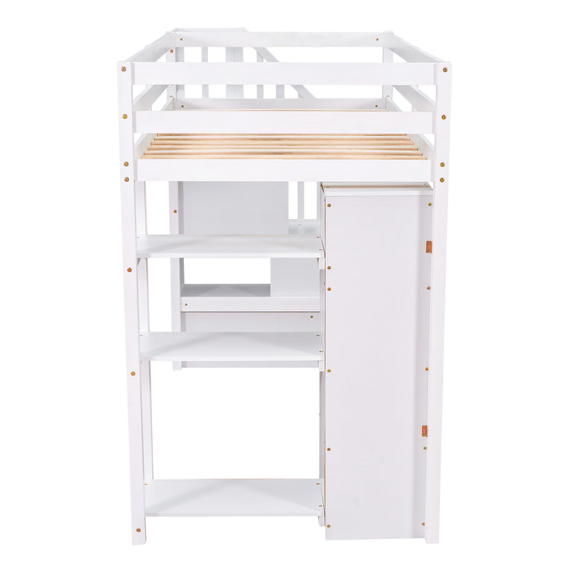 Twin size Loft Bed with Storage Drawers and Stairs, Wooden Loft Bed with Shelves - White