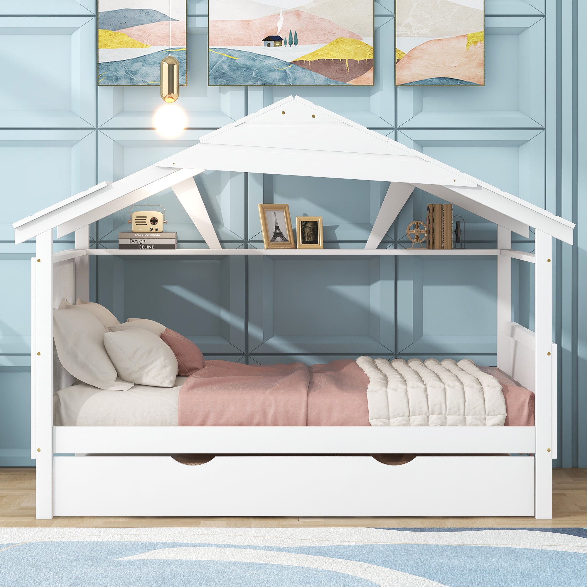 Wood Full Size House Bed with Twin Size Trundle and Storage, White - Atlantic Fine Furniture Melbourne FL