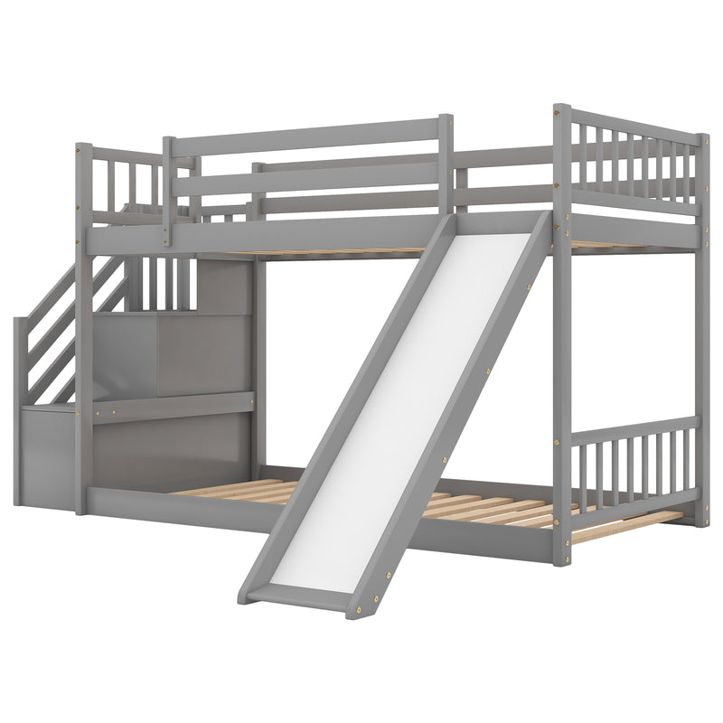 Twin over Twin Bunk Bed with Convertible Slide and Stairway, Gray