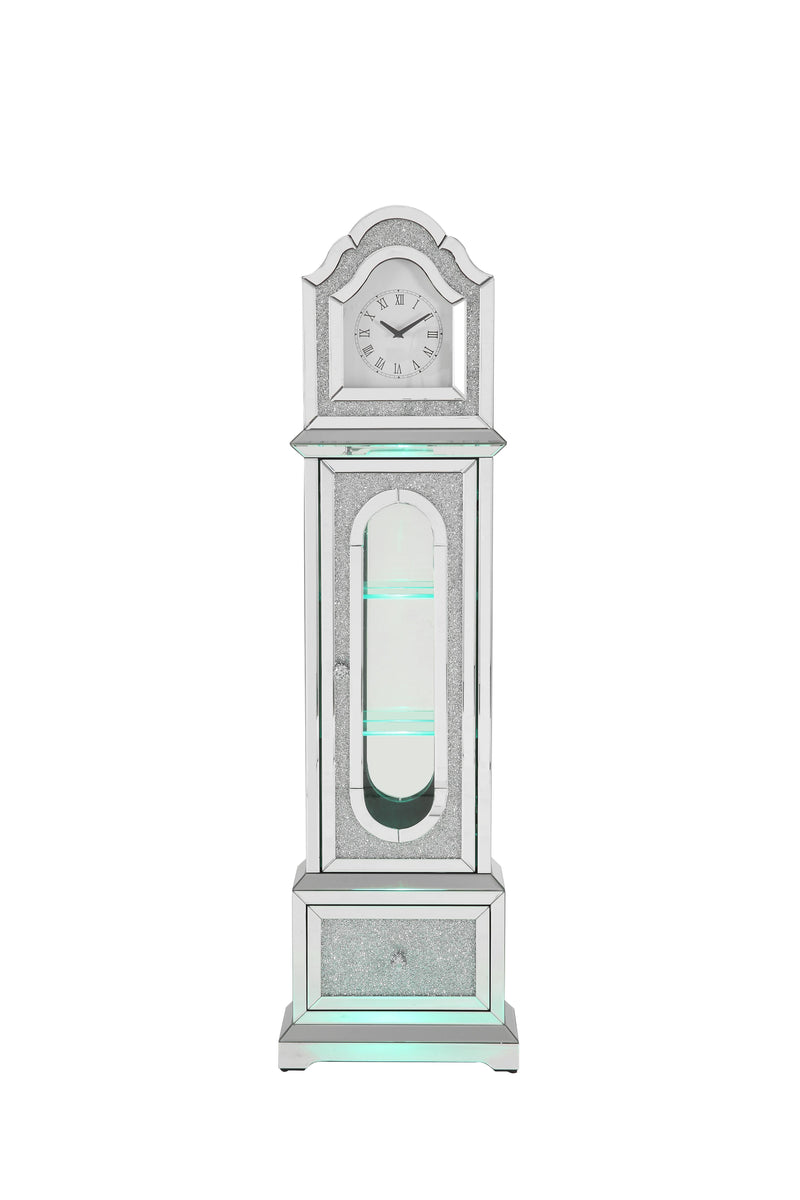 Noralie - Mirrored & Faux Diamonds Grandfather Clock With LED - Silver Gray