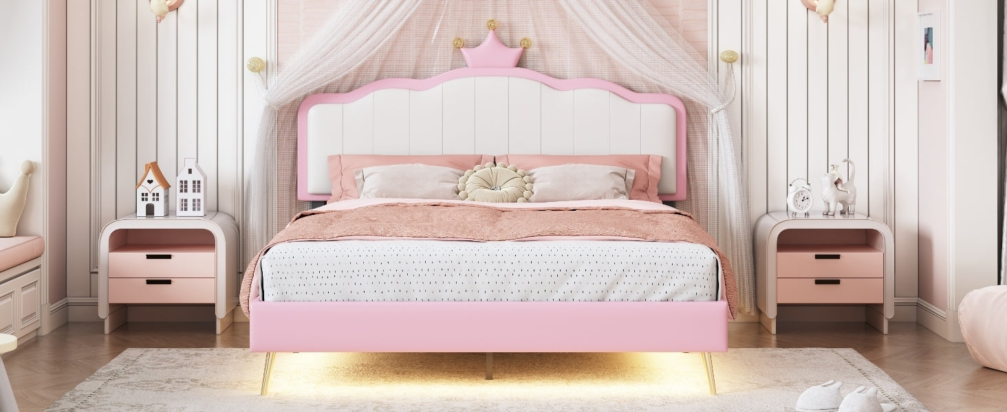 Full size Upholstered Princess Bed With Crown Headboard,Full Size Platform Bed with Headboard and Footboard with Light Strips,Golden Metal Legs, White+Pink - Atlantic Fine Furniture Melbourne FL
