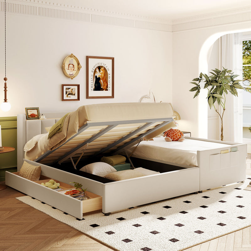 Queen Size & Twin XL Size Upholstered Platform Bed, Mother & Child Bed with Hydraulic Storage System, Drawer Box, Bedhead storage shelf and Two pairs of sockets & USB Ports, PU Leather, Beige