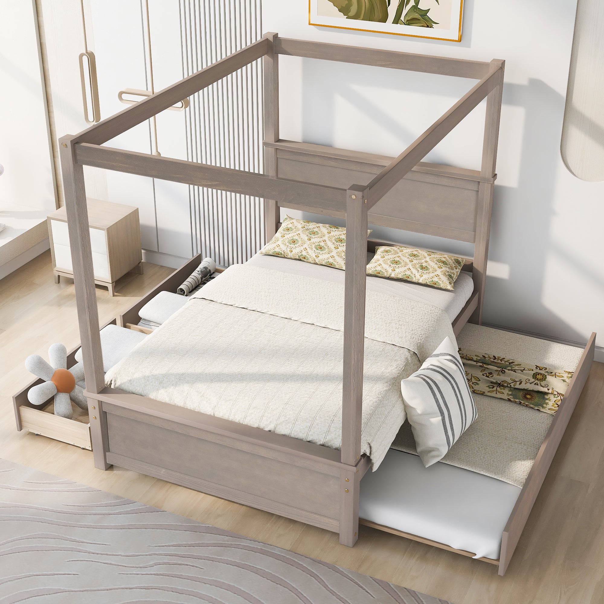 Wood Canopy Bed with Trundle Bed and two Drawers ,Full Size Canopy Platform bed With Support Slats .No Box Spring Needed, Brushed Light Brown - Atlantic Fine Furniture Melbourne FL