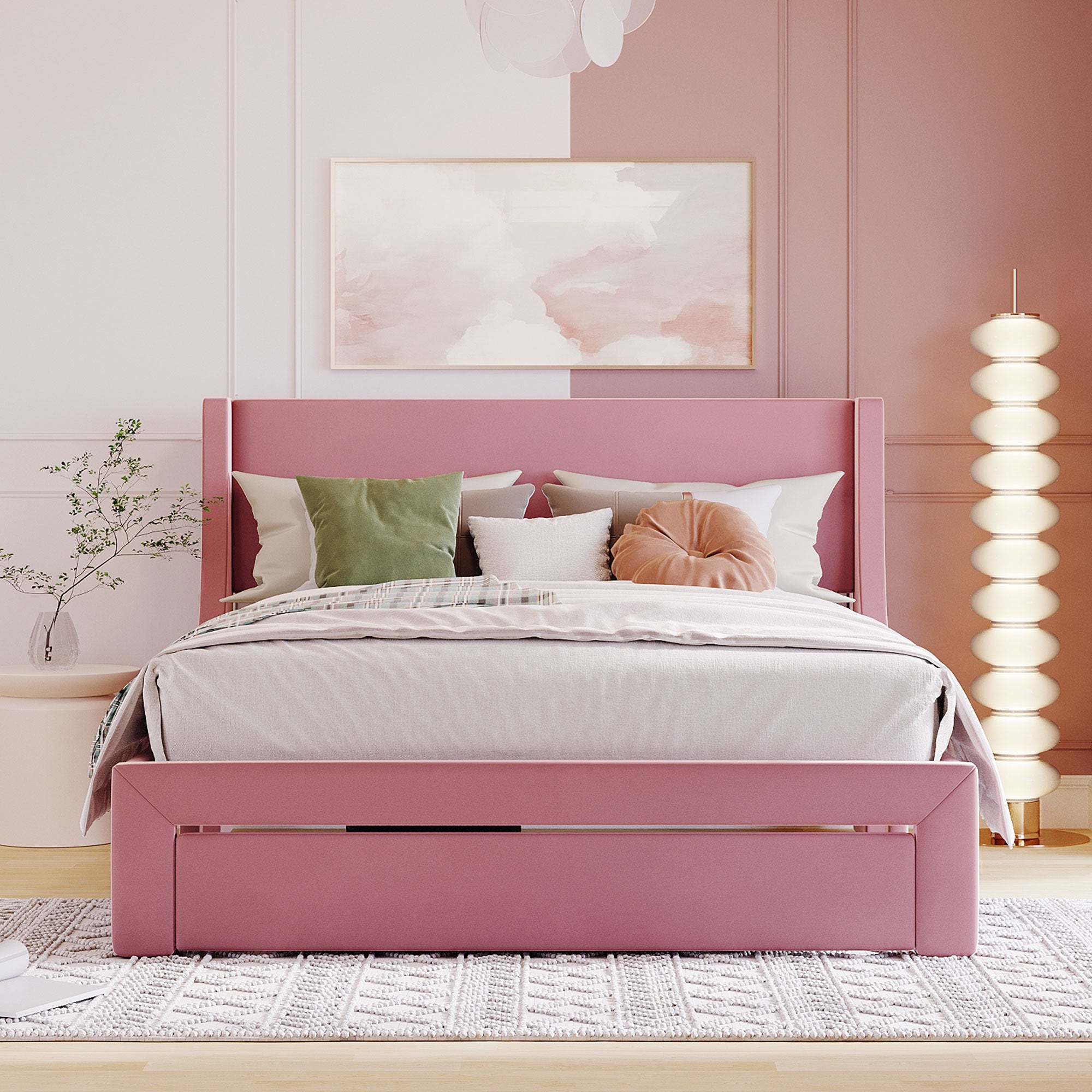 Queen Size Storage Bed Velvet Upholstered Platform Bed with a Big Drawer - Pink - Atlantic Fine Furniture Melbourne FL