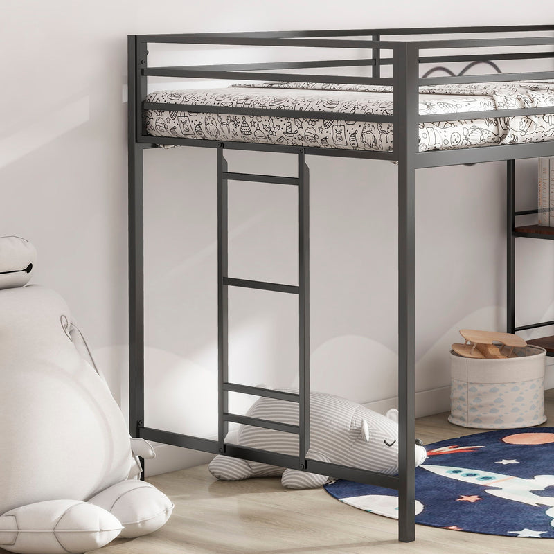 Adam - Junior Twin Loft Bunk Bed With Cinnamon Wood Shelf - Black