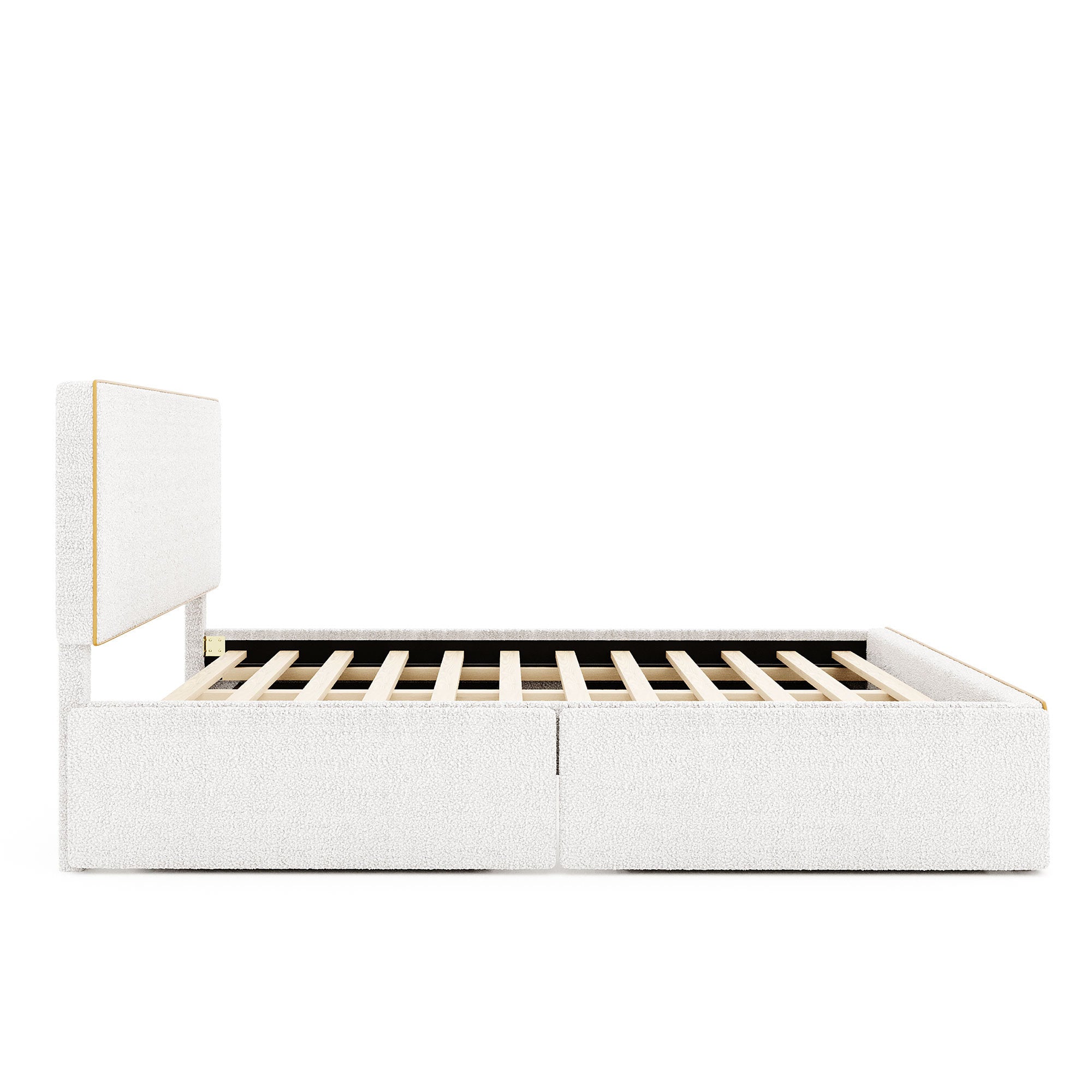 Queen Size Upholstered Platform Bed with 4 Drawers and Golden Edge on the Headboard & Footboard, White - Atlantic Fine Furniture Melbourne FL