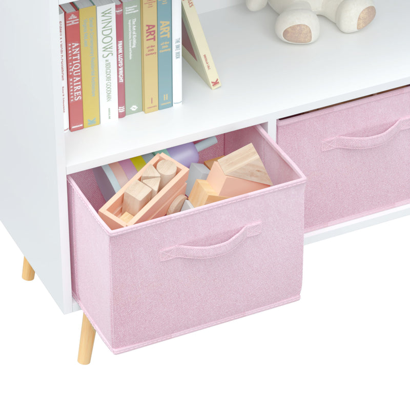 Kids Bookcase With Collapsible Fabric Drawers, Children's Book Display, Toy Storage Cabinet Organizer - White / Pink