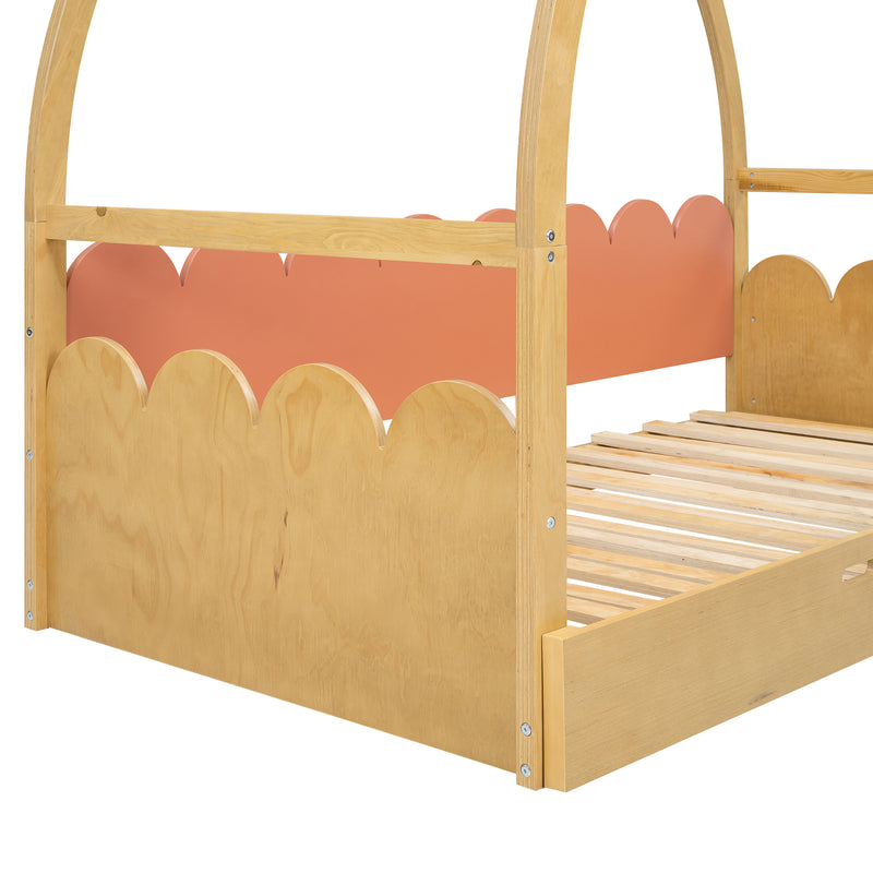 Twin size stretchable vaulted roof bed, children's bed pine wood frame, natural and orange