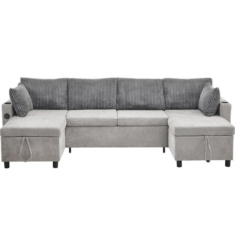Sectional Sofa Bed With Pull Out Sleeper, USB Ports, Cup Holders