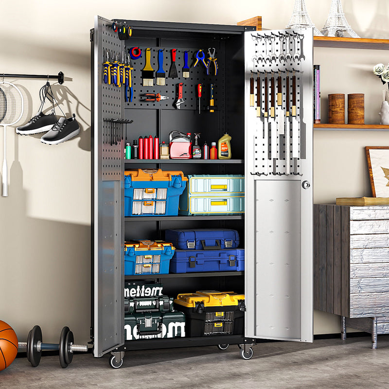 Metal Garage Storage Cabinet With Wheels Heavy Duty Tool Storage Cabinet - Brushed Nickel