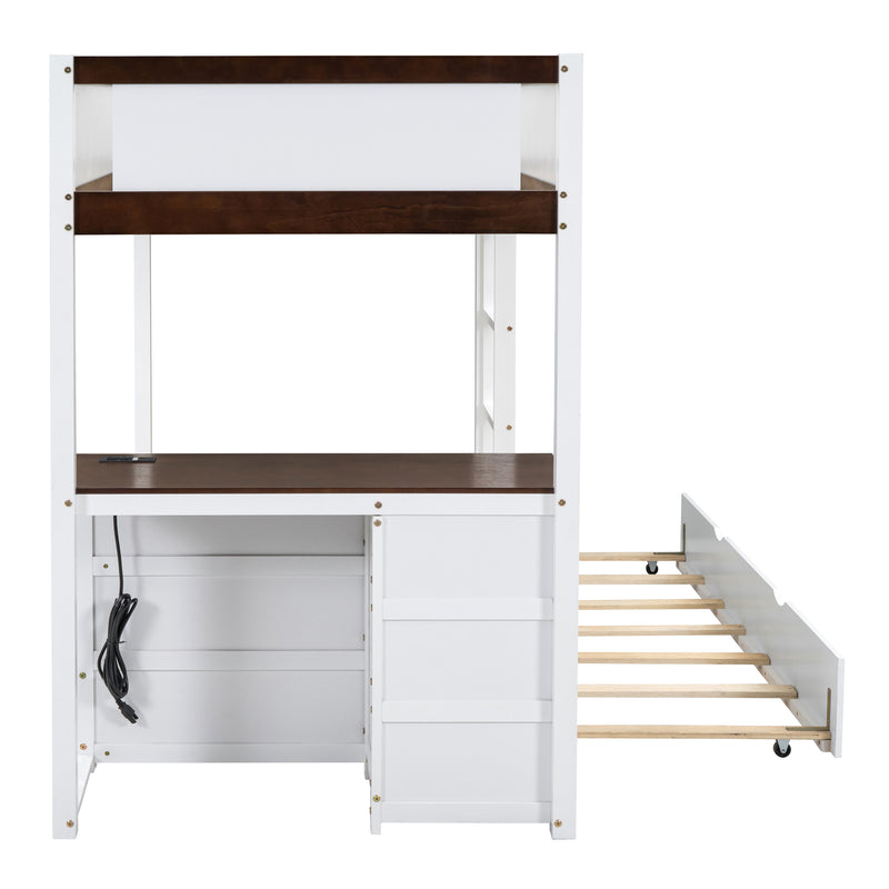 Twin-Over-Twin Bunk Bed with Twin size Trundle, Storage and Desk, White+Walnut